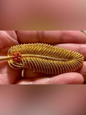 Gold Leaf Brooch with Coral Flower Accent